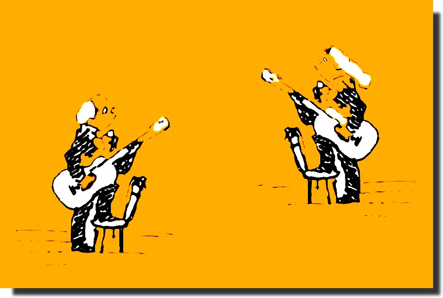 originale Zeichnung in: Lieberg, Weidenfeld: schulpraktisches Gitarrespiel, Hagen 1981-1983 Zeichnung zweier Konzertgitarristen